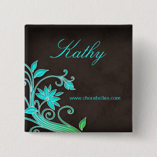 Salon Spa Floral Name Tag Button Brooch Blue Green