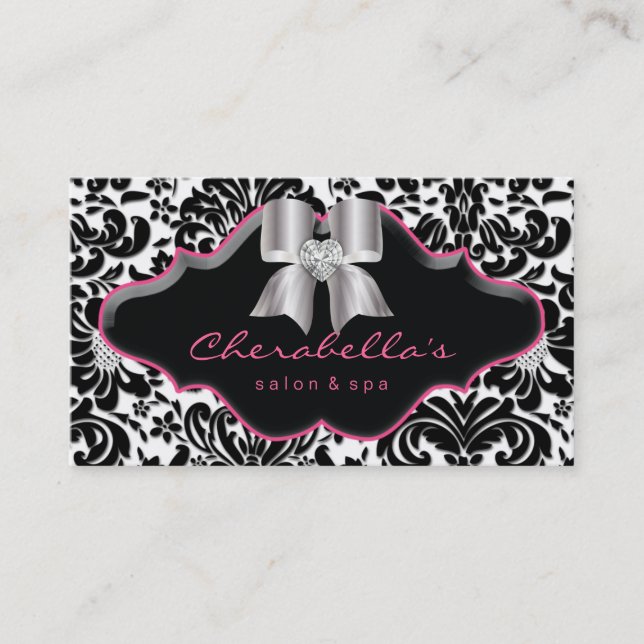 Salon Spa Jewellery Business Card Pink Damask Bow (Front)