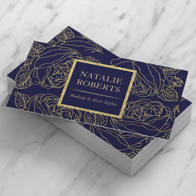 Salon & Spa Modern Navy & Gold Botanical Line Art  Business Card (Creator Uploaded)