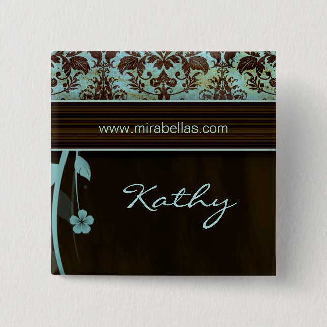Salon Spa Name Tag Button Brooch damask blue (Front)