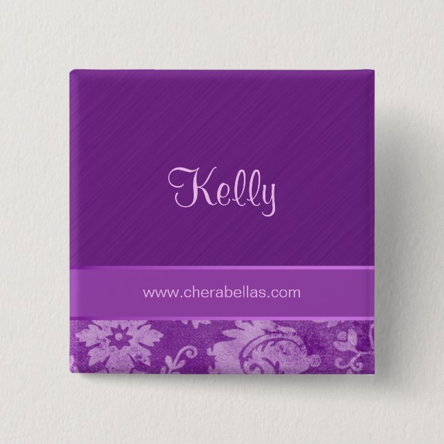 Salon Spa Name Tag Button Brooch damask purple (Front)