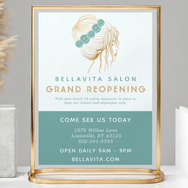 Salon Teal Gold Floral Updo Logo Covid Reopening Flyer (Creator Uploaded)