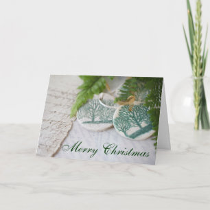 Salt dough tree ornaments on vintage letters holiday card
