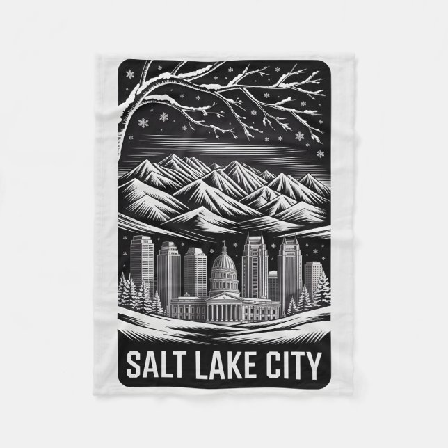 Salt Lake City Skyline Black and White Woodcut  Fleece Blanket (Front)