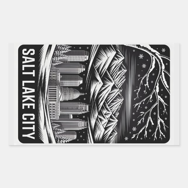 Salt Lake City Skyline Black and White Woodcut  Rectangular Sticker (Front)