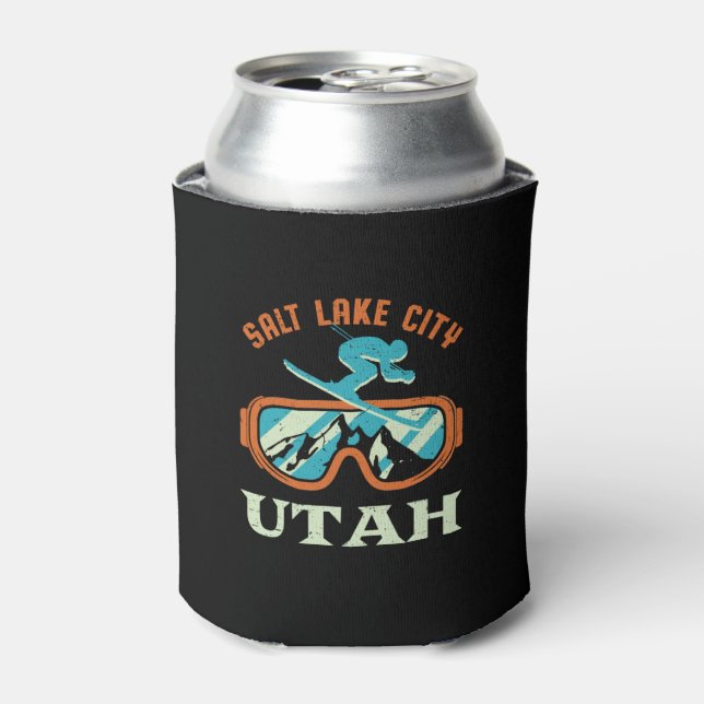 Salt Lake City Utah Retro Skiing Snowboarding Can Cooler (Can Front)