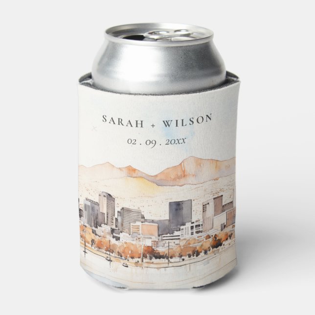 Salt Lake City, Utah Watercolor Landscape Wedding Can Cooler (Can Front)