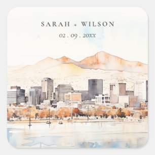 Salt Lake City, Utah Watercolor Landscape Wedding Square Sticker