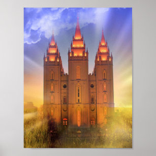 Salt Lake temple with sunbeams poster