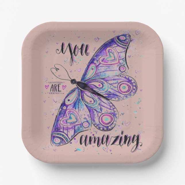 Salt pink butterfly  plain custom paper plates (Front)