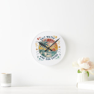 Salt Water and Sun Shine Vintage Tropical Beach Round Clock