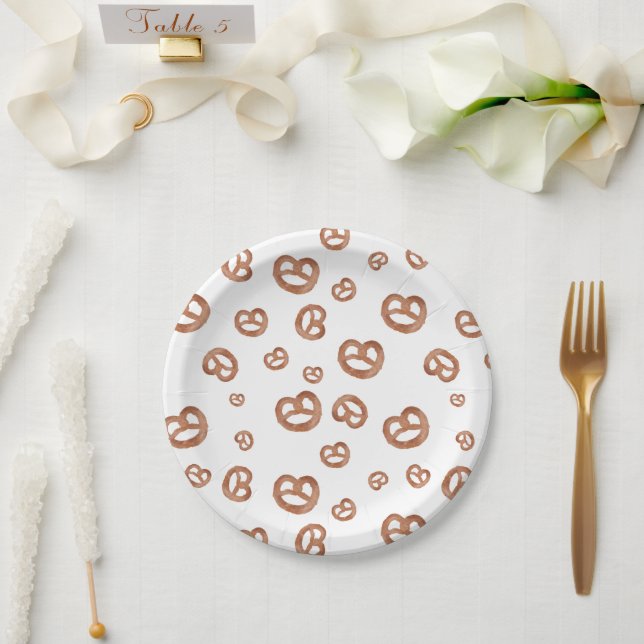 Salted Soft Watercolor Pretzel Pattern Paper Plate (Wedding)