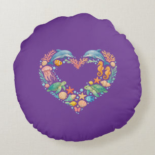Saltwater Sea Life Heart Round Cushion