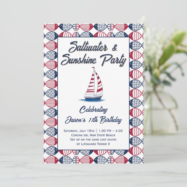Saltwater & Sunshine Beach Sailing Party  Invitation (Standing Front)