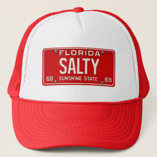 Salty 1969   Red Retro Florida License Plate Surf Trucker Hat