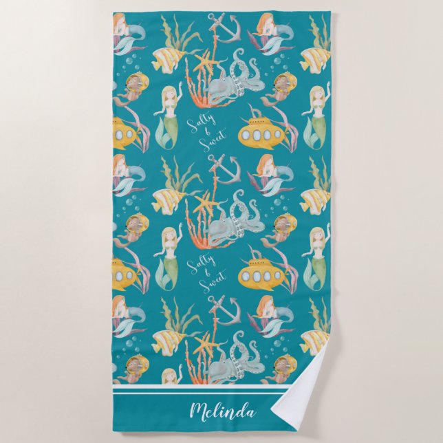 Salty and Sweet Mermaid Ocean Characters Beach Towel (Front)