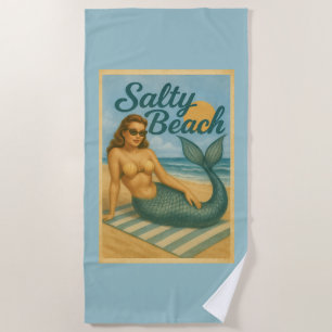 Salty Beach Pin-Up Mermaid Art Retro Coastal Blue Towel