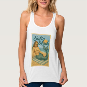 Salty Beach Pin-Up Mermaid   Retro Coastal Graphic Singlet