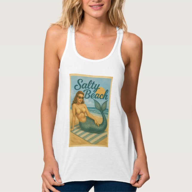 Salty Beach Pin-Up Mermaid | Retro Coastal Graphic Singlet (Front)