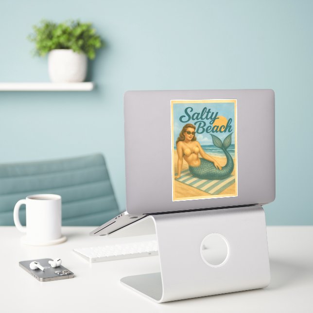 Salty Beach Pin-Up Mermaid -Retro Coastal Life Art (Laptop On Desk)
