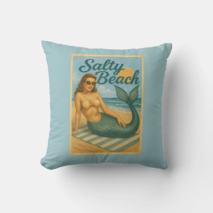 Salty Beach Retro Pin-Up Mermaid Art Coastal Decor Cushion