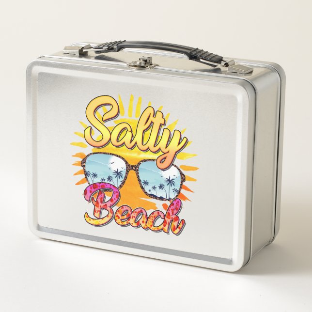 Salty Beach | Tropical Sun & Palm Tree Metal Lunch Box (Front)