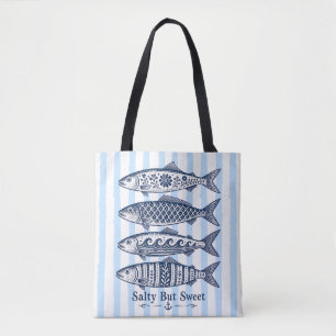 Salty But Sweet Blue Stripe Nautical Fish  Tote Bag