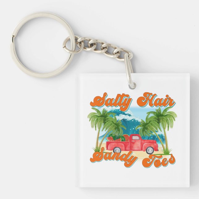 Salty Hair, Sandy Toes | Tropical Truck & Beach Key Ring (Front)