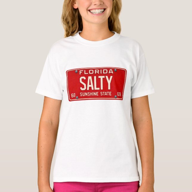 Salty Life Retro Florida License Plate Girls Surf T-Shirt (Front)