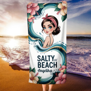 Salty Lil Tropical Hibiscus & Blue Ocean Wave  Beach Towel