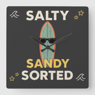 Salty Sandy Sorted Funny Surfboard Beach Summer Square Wall Clock