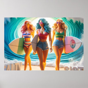 Salty Sisterhood Trio Girls Beach Walk Surfer Poster