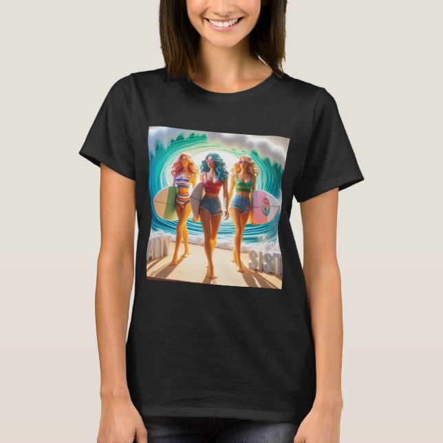 Salty Sisterhood Trio Girls Beach Walk Surfer T-Shirt (Front)