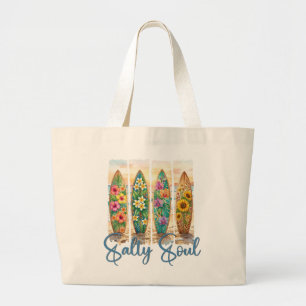 Salty Soul Tropical Floral Surfboards Beach Large Tote Bag