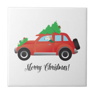 Saluki Driving Christmas Car with Tree on Top Tile