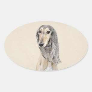 Saluki (Fawn) Painting - Cute Original Dog Art Oval Sticker