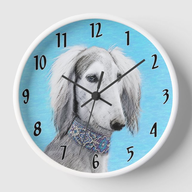 Saluki (Silver) Painting - Cute Original Dog Art Clock (Front)