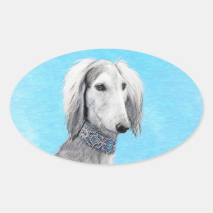 Saluki (Silver) Painting - Cute Original Dog Art Oval Sticker