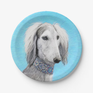 Saluki (Silver) Painting - Cute Original Dog Art Paper Plate