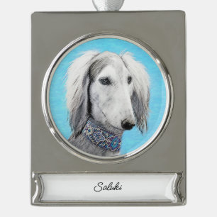 Saluki (Silver) Painting - Cute Original Dog Art S Silver Plated Banner Ornament