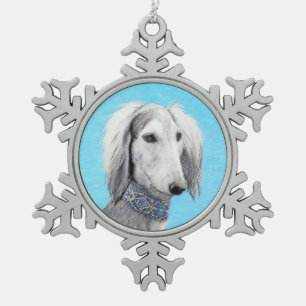 Saluki (Silver) Painting - Cute Original Dog Art Snowflake Pewter Christmas Ornament