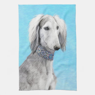 Saluki (Silver) Painting - Cute Original Dog Art Tea Towel