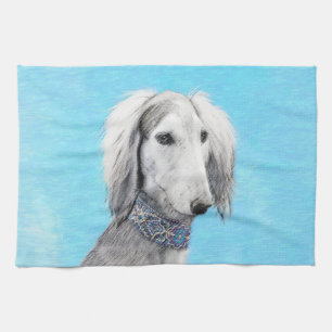 Saluki (Silver) Painting - Cute Original Dog Art Tea Towel