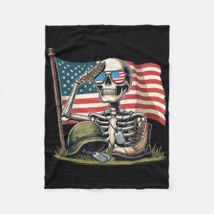 Salute Skeleton American Usa Flag Memorial Day 4th Fleece Blanket