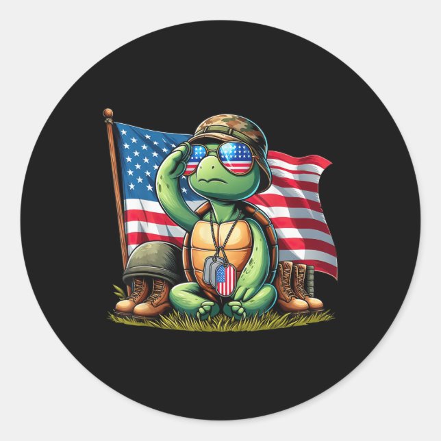 Salute Turtle American Usa Flag Memorial Day 4th O Classic Round Sticker (Front)