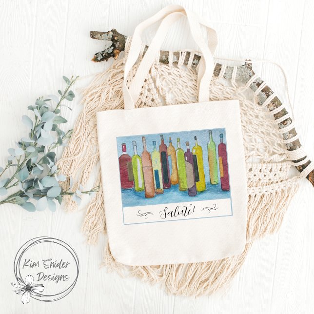 "Salute!" With Watercolor Wine Bottles on Blue Tote Bag (Creator Uploaded)