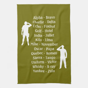 Saluting Army Soldiers Phonetic Alphabet Lesson Tea Towel