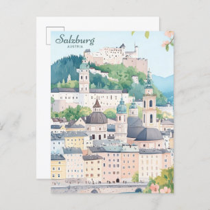 Salzburg Austria Gouache Paint Illustration Travel Postcard
