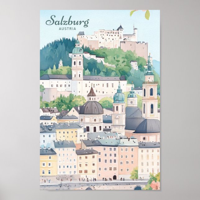 Salzburg Austria Gouache Paint Illustration Travel Poster (Front)