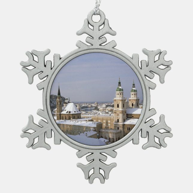 Salzburg Cathedral Austria Holiday Card Poster Pho Snowflake Pewter Christmas Ornament (Front)